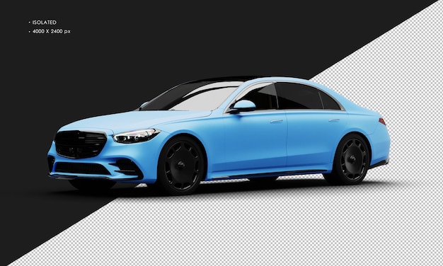 Isolated realistic matte blue luxury modern elegant sedan city car from left front view