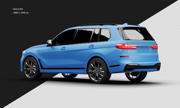 Isolated realistic matte blue luxury modern grand suv car from left rear view