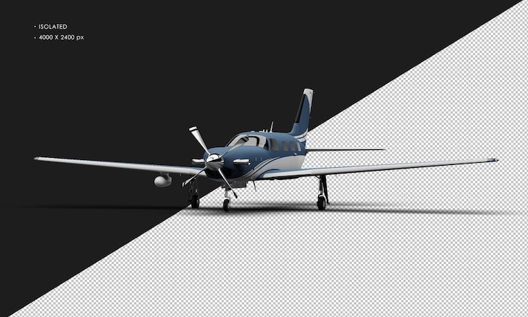 PSD isolated realistic matte blue luxury single engine turboprop airplane from left front angle view
