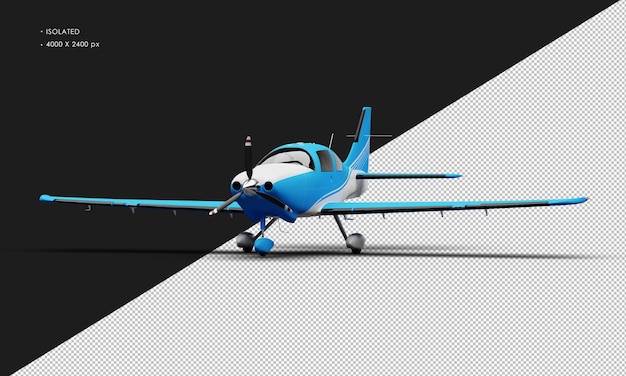 Isolated realistic matte blue single engine propeller low wing light airplane from left front angle