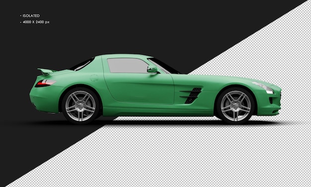 Supercar sportiva elettrica moderna isolata realistica di colore verde matto dalla vista laterale destra