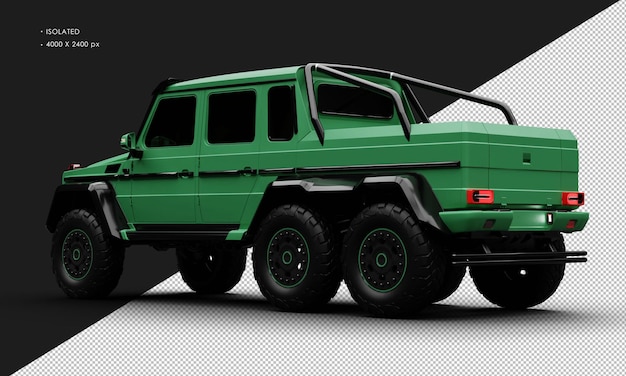 PSD isolated realistic matte green exclusive six wheel drive luxury suv car from left rear view