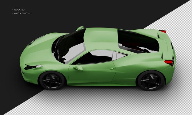 PSD isolated realistic matte green mid front engine coupe super car from top left view