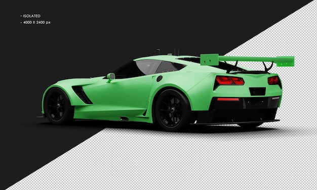 PSD Изолированный реалистичный матово-зеленый суперспортивный гоночный автомобиль слева сзади