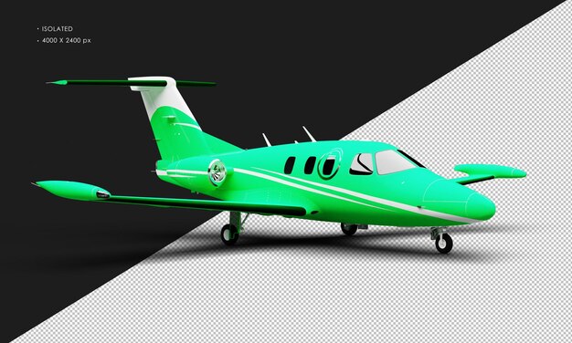 Isolated realistic matte green twin engine light jet airplane from right front view