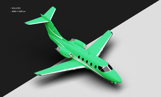 Isolated realistic matte green twin engine medium light jet airplane from top right front view