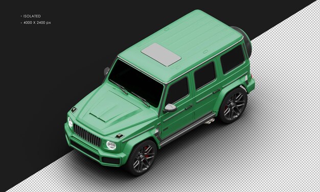 Isolated realistic matte green twin turbo four wheel drive luxury suv car from top left front view