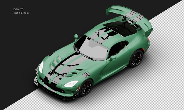 PSD isolated realistic matte green with stripes racing sport sedan super car from top left front view