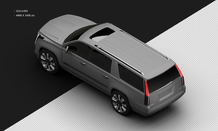 PSD isolated realistic matte grey deluxe elegant city suv car from top left rear view