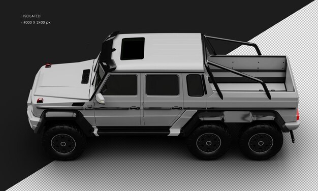 PSD isolated realistic matte grey exclusive six wheel drive luxury suv car from top left view