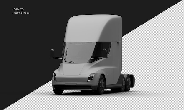 Изолированный реалистичный матово-серый полностью электрический полугрузовик с левого переднего угла обзора