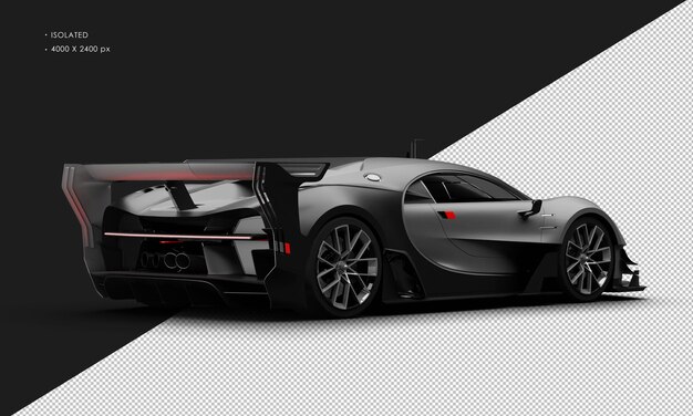 PSD Изолированный реалистичный матово-серый титановый гоночный седан, спортивный суперкар, вид сзади справа