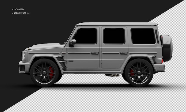 PSD isolated realistic matte grey twin turbo four wheel drive luxury suv car from left side view