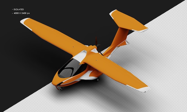 PSD isolated realistic matte orange amphibious light sport aircraft plane from top left front view