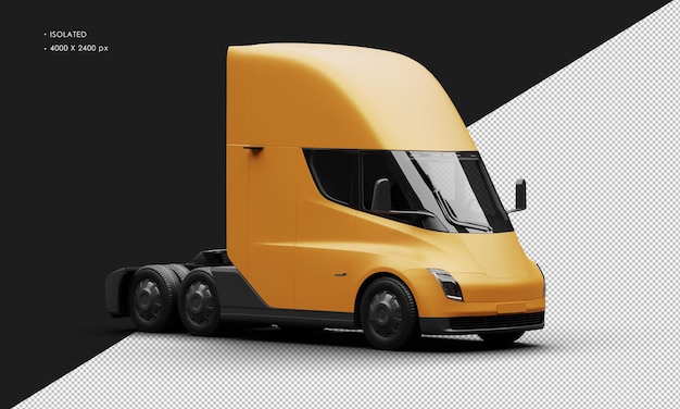 Auto semi-camion completamente elettrica arancione opaca realistica isolata dalla vista frontale destra