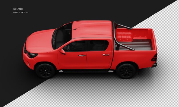 PSD isolated realistic matte red double cabin off road truck car from top left view