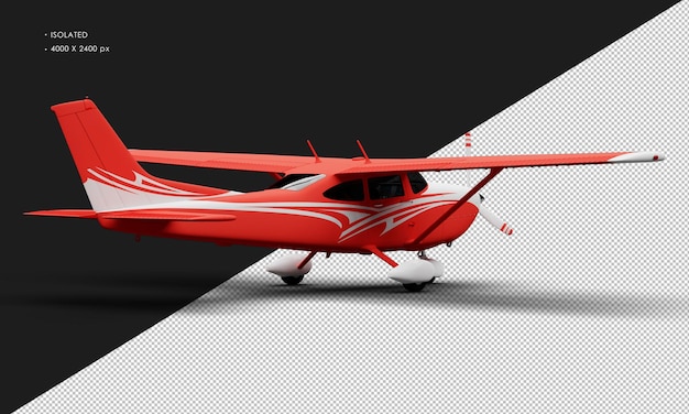 Isolated realistic matte red single engine propeller light airplane from right rear view