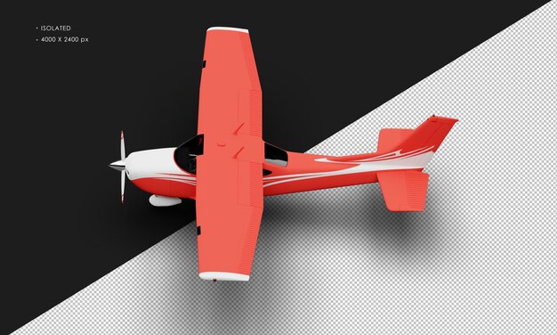 PSD isolated realistic matte red single engine propeller light airplane from top left view