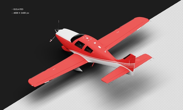 Isolated realistic matte red single engine propeller low wing light airplane from top left rear view