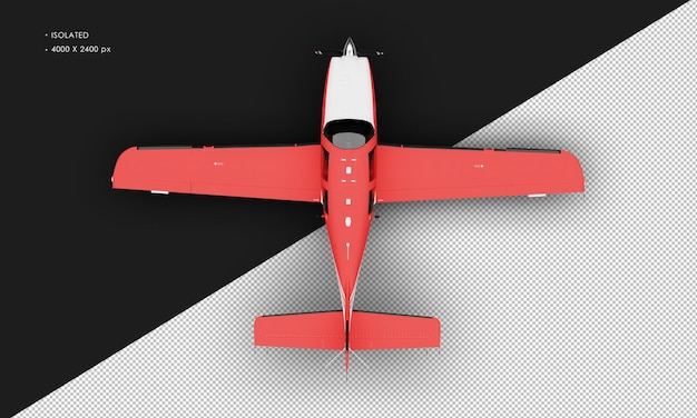 Isolated realistic matte red single engine propeller low wing light airplane from top view