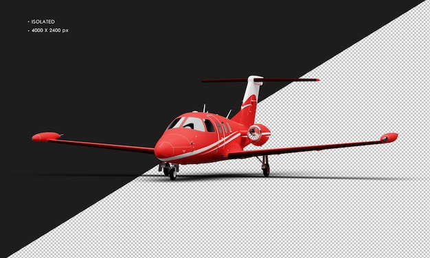 Isolated realistic matte red twin engine light jet airplane from left front angle view