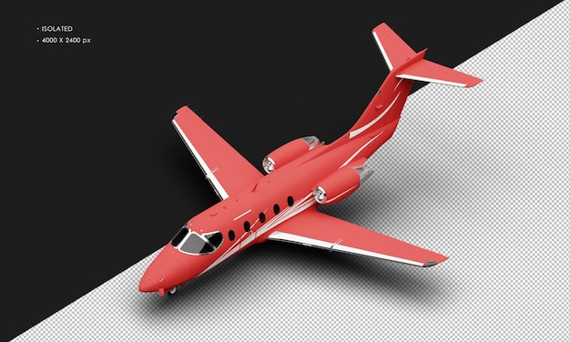 Isolato realistico rosso opaco twin engine medium light jet airplane dalla vista frontale in alto a sinistra