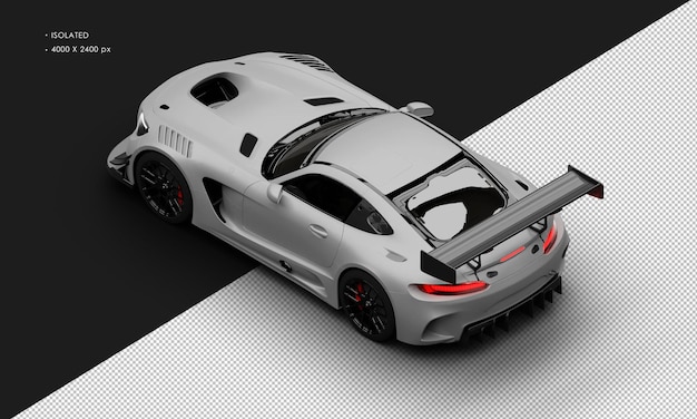 Isolated realistic matte silver grey high performance sport racing car from top left rear view