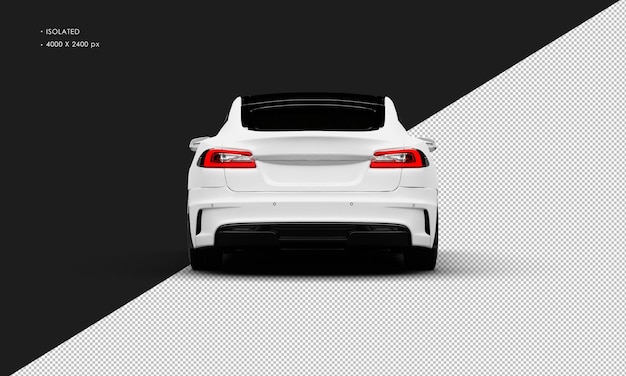 PSD isolated realistic matte white electric full size luxury sedan car from rear view