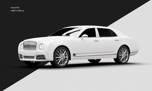 PSD isolato realistico matte bianco full size grand luxury sedan auto dalla vista anteriore sinistra