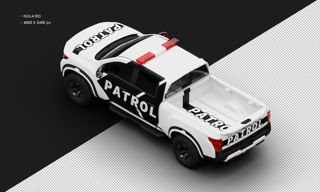 Isolated realistic matte white patrol pickup truck car from top left rear view