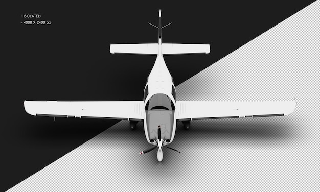 Isolated realistic matte white single engine propeller low wing light airplane from top front view