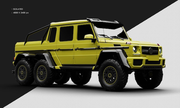 PSD isolated realistic matte yellow exclusive six wheel drive luxury suv car from right front view