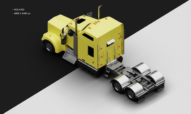 PSD isolated realistic matte yellow heavy duty semitrucks car from top left rear view