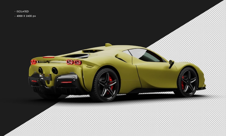 PSD isolated realistic matte yellow mid engine hybrid sports super car from right rear view