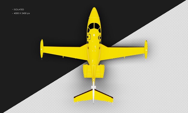 PSD isolated realistic matte yellow twin engine light jet airplane from top view