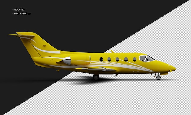 Isolated realistic matte yellow twin engine medium light jet airplane from right side view