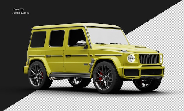 Isolated realistic matte yellow twin turbo four wheel drive luxury suv car from right front view