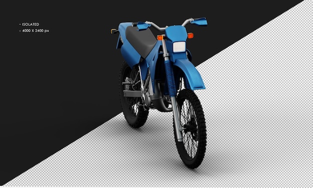 Isolated realistic metal blue trail motorcycle from right front angle view
