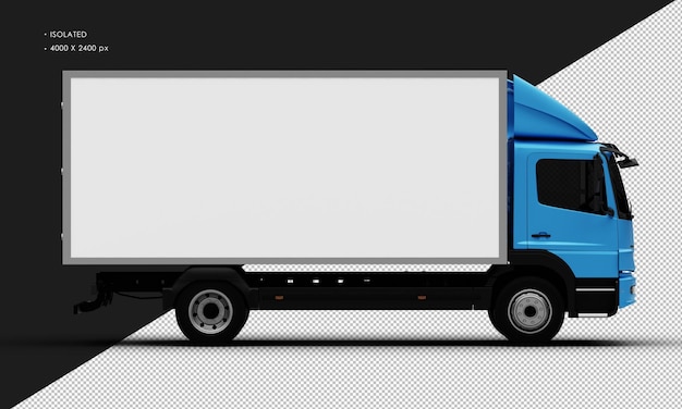 PSD isolated realistic metal blue transport box truck car from right side view