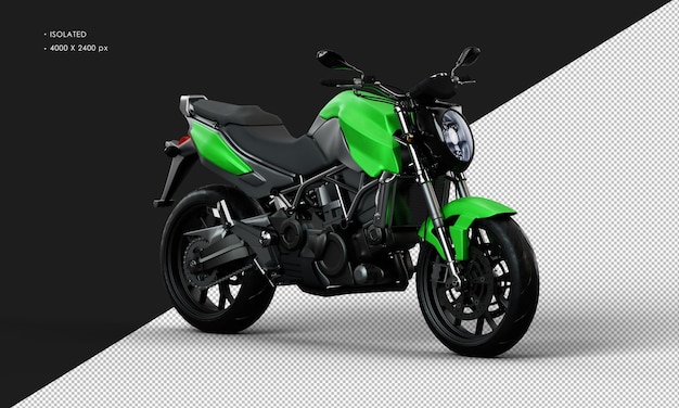 PSD isolated realistic metal green sportbike motorcycle from right front view