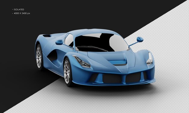 Isolated realistic metal metalic titanium blue sedan super sport car from right front angle view