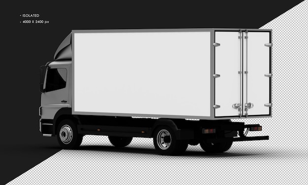 PSD isolated realistic metal titanium grey transport box truck car from left rear view