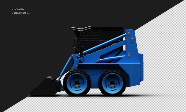 Isolated realistic metal titanium shiny blue skid steer loader from left side view