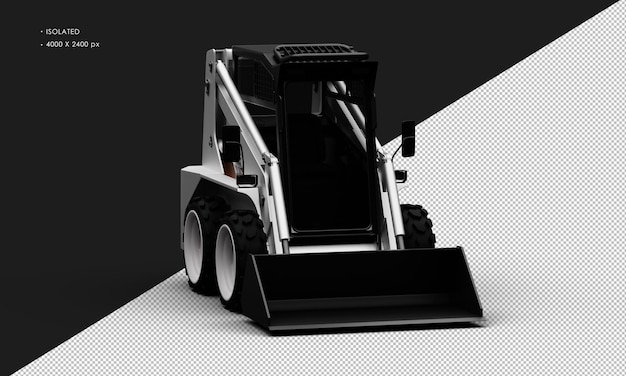 PSD isolated realistic metal titanium shiny white skid steer loader from right front angle view