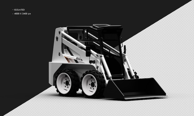 PSD isolated realistic metal titanium shiny white skid steer loader from right front view