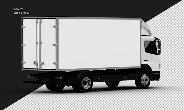 Isolated realistic metal white transport box truck car from right rear view