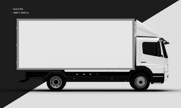 PSD isolated realistic metal white transport box truck car from right side view