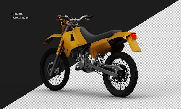 Isolated realistic metal yellow trail motorcycle from left rear view