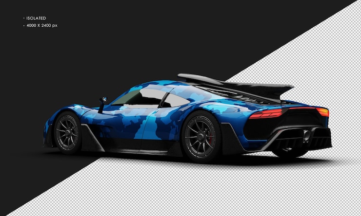 PSD isolated realistic metallic blue camouflage limited hybrid sports car left rear