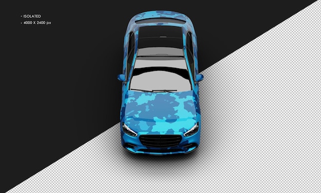 isolated realistic metallic blue camouflage modern elegant sedan city car from top front